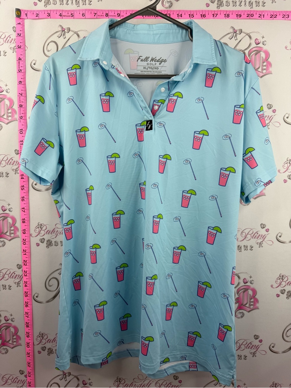 FULL WEDGE GOLF shirt Men's Light Blue cocktails golfing Polo - Pink Drink Print
